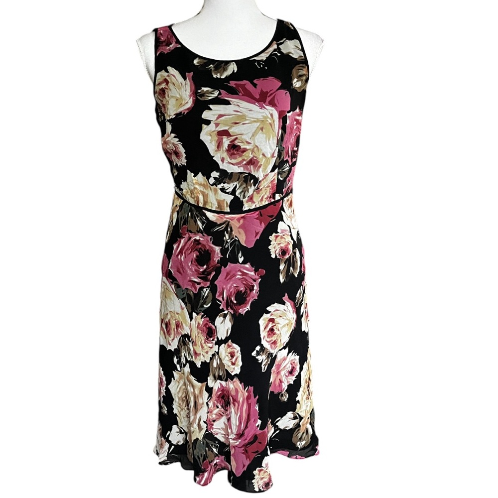 Vtg Talbots Dress 100% Silk Dark Floral Sleeveless Midi 6P Party Garden Wedding